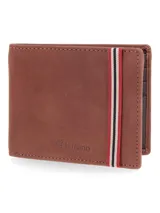 Billetera de cuero nobuk color marrón, con detalle de banda elástica vertical tricolor y logo de la marca grabado en el frente.