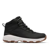 Bota de senderismo Columbia modelo Newton Wander Ltr, color negro con suela blanca y base de goma marrón. Presenta diseño impermeable con cordones, refuerzos en el talón y tecnología de amortiguación y tracción avanzada.