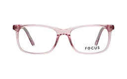 Lentes de lectura con armazón de acetato en color rosado traslúcido, con diseño rectangular y acabado brillante.
