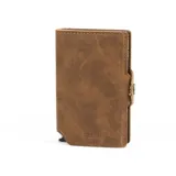 Billetera tipo tarjetero marca Baleine, confeccionada en cuero sintético color marrón con textura desgastada. Cuenta con un compartimento interno de aluminio con sistema de deslizamiento para tarjetas y cierre lateral con broche a presión.