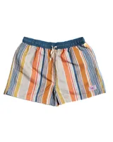 Short de baño con rayas verticales en tonos naranja, amarillo, gris y azul. Cintura elastizada con cordón ajustable.