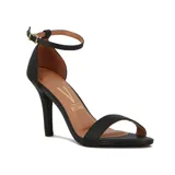 Sandalias de tacón alto Vizzano, color negro, con tira delantera simple, talón cerrado y tira ajustable al tobillo con hebilla metálica dorada.