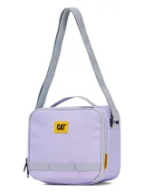 Lonchera unisex Caterpillar, color lila pastel, con correa ajustable para hombro y asa superior. Presenta el logo CAT en amarillo y detalles en gris claro.