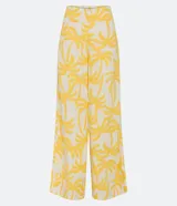 Pantalón pantalona de lino con estampado de cocoteros, cintura alta y cierre lateral invisible.