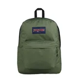 Mochila Jansport modelo Superbreak Plus, color verde militar, con compartimento principal amplio, bolsillo frontal con cierre y parche con el logo de la marca.