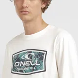 Remera ONeill blanca con cuello redondo, manga corta y estampa frontal rectangular con motivo tropical y logo de la marca.