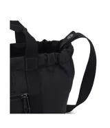 Bolso tipo tote de tamaño pequeño, color negro, con doble asa de mano y correa ajustable para el hombro. Presenta un bolsillo frontal con cierre y un diseño funcional con cierre superior.
