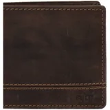 Billetera de cuero natural color marrón con costuras en contraste y logo grabado en la esquina inferior. Cuenta con múltiples ranuras para tarjetas y tecnología de protección RFID.