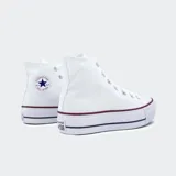 Championes Converse Chuck Taylor All Star Lift de caña alta con plataforma, color blanco, confeccionados en lona de algodón con suela doble de caucho y detalles de líneas en contraste.