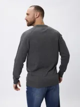 Sweater de tejido de punto fino en color gris, con cuello redondo, mangas largas y puños acanalados. Presenta un diseño liso con un pequeño detalle bordado en el pecho.