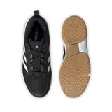 Championes deportivos Adidas Ligra 7, color negro con las tres tiras características en blanco. Presentan una suela de goma color caramelo con tecnología Adiwear para mayor durabilidad y tracción en superficies de interior.