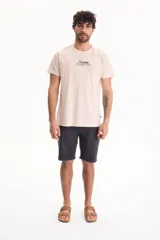 Remera de algodón color beige con diseño de estampado tipográfico en el pecho, de corte regular fit y manga corta.