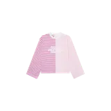 Remera de manga larga de Eme Studios, modelo Roguish Fucsia Striped, con diseño bicolor a rayas en tonos fucsia y rosado claro, corte holgado y estampa frontal con texto en blanco.