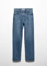 Jeans de corte recto y tiro medio, confeccionados en tejido denim de algodón. Presentan diseño clásico de cinco bolsillos, cierre frontal con cremallera y botón, y trabillas para cinturón.