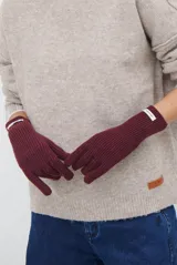 Guantes tejidos de punto acanalado color bordó, con detalle de etiqueta blanca en la muñeca.