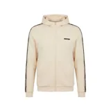 Buzo con cierre frontal y capucha, color beige, con bandas laterales negras en las mangas que incluyen el logo de la marca. Presenta un parche con el logo en el pecho y bolsillos frontales.