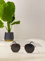 Lentes de sol con marco octogonal dorado y lentes oscuros.