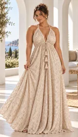 Vestido largo rosado con escote en V halter, tirantes finos y falda fluida amplia. Presenta bordados artesanales a mano con detalles brillantes en toda la prenda y cordón frontal ajustable con borlas.