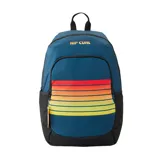 Mochila Rip Curl Ozone Cool de 30 litros, color azul con diseño de franjas horizontales degradadas en tonos rojos, naranjas y amarillos en el bolsillo frontal. Incluye el logo de la marca bordado en la parte superior y detalles en negro.