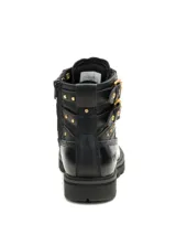 Bota Caterpillar modelo Grader Ws Embellish, color negro, de caña media con cordones, hebillas doradas ajustables, tachas metálicas decorativas y suela track de goma.