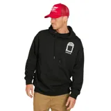 Canguro Volcom de color negro con capucha ajustable con cordones, bolsillo frontal tipo canguro y un pequeño estampado gráfico blanco en el pecho.