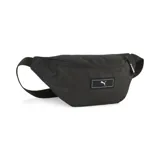 Riñonera negra con textura geométrica, logo de Puma estampado en blanco y correa ajustable con hebilla.