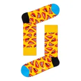 Medias de algodón con estampado de bocas rojas con dientes blancos sobre un fondo amarillo. Puntera azul y talón negro.