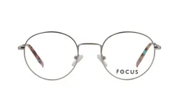 Lentes de receta con armazón metálico color plata de diseño redondo. Presentan patillas con detalles en estampado carey y toques de color.