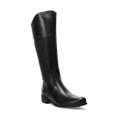 Bota de caña alta Bottero, color negro, confeccionada en una combinación de cuero liso y panel texturizado. Presenta punta redonda, taco bajo cuadrado y cierre lateral.