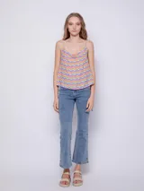 Top con estampado de ondas en tonos pastel, de tela fluida con tirantes finos y tiras en los laterales.