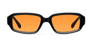 Gafas de sol rectangulares unisex, con montura negra y lentes naranjas polarizadas.