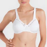 Soutien reductor sin aro, color blanco, confeccionado en algodón 100% en copas y lycra reforzada en la espalda. Detalle de guipur bordado en el escote y breteles anchos regulables.