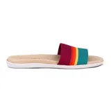 Sandalias planas Beira Rio para mujer, con base color beige y faja ancha superior decorada con franjas horizontales de colores: bordó, naranja, amarillo y turquesa.