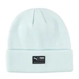 Gorro tipo beanie de punto en color gris oscuro jaspeado, con vuelta y parche rectangular frontal con el logo de la marca Puma.