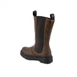 Bota de cuero color chocolate, de caña alta con elásticos laterales y tiradores en la parte superior. Suela de neolite color negro. Diseño artesanal fabricado en Uruguay.