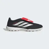 Championes de fútbol Adidas Predator League para pasto sintético, color negro con detalles en plateado y lengüeta plegable roja. Incorporan tecnología Nanostrike para mayor precisión y PowerSpine para estabilidad en el mediopié.