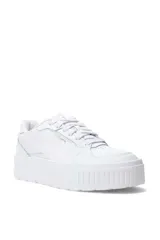 Championes de plataforma Puma modelo Karmen II Idol, con diseño en blanco, negro y franja lateral celeste.