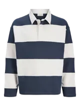 Buzo de manga larga con diseño de rayas horizontales anchas en color azul marino y blanco, cuello polo de gabardina blanca y cierre frontal parcial con botones ocultos.