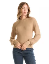 Buzo de tejido combinado marca Zac & Rachel, color beige, con cuerpo de punto acanalado y mangas con diseño calado. Presenta cuello redondo y puños ajustados.