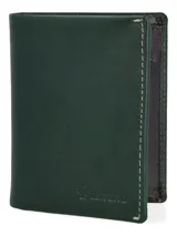 Billetera doble de cuero color verde oscuro con costuras blancas.