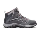 Championes de trekking Columbia modelo Crestwood Mid Waterproof, de caña media, color gris con detalles en rojo. Confeccionados en gamuza y malla, cuentan con suela de goma con relieve para mayor tracción y cordones reforzados.