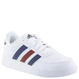 Championes urbanos Adidas modelo Breaknet 2.0, color blanco con las icónicas tres tiras laterales en azul y rojo. Presentan un diseño clásico de corte bajo con cierre de cordones y suela de goma.