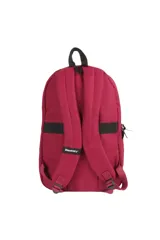 Mochila de color beige con compartimento principal y bolsillo frontal con cierre, bolsillos laterales de red y asa de mano superior. Presenta cintas decorativas con el nombre de la marca y el logo de Discovery en el frente.