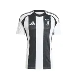 Camiseta de fútbol Adidas del Juventus F.C., modelo Home Jersey temporada 24/25. Diseño a rayas verticales blancas y negras con detalles en blanco en cuello, mangas y hombros.