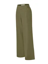 Pantalón RKF modelo Danubio de tiro alto y corte recto, color verde militar, confeccionado en mezcla de lino orgánico y viscosa. Presenta pinzas en la cintura y un detalle de trabilla lateral con botón.