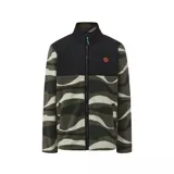 Campera polar con cierre frontal, cuello alto y diseño combinado. Presenta un panel superior liso en color negro y el resto de la prenda con un estampado de ondas en tonos verde, marrón y beige. Incluye un parche decorativo en el pecho.
