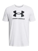 Remera de manga corta para hombre, color blanco, con el logo grande de Under Armour en negro estampado en el pecho.