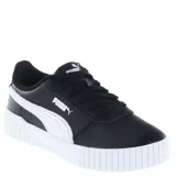 Championes urbanos Puma modelo Carina 2.0, color negro con la icónica franja lateral en blanco. Presentan una suela de plataforma de goma blanca con diseño texturizado y cierre mediante cordones.