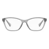 Armazón para lentes oftálmicos Ralph, modelo 7144U, color gris transparente, con forma rectangular y patillas con diseño a cuadros.