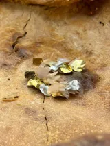 Aros colgantes de metal dorado con forma de pétalos de distintos colores.